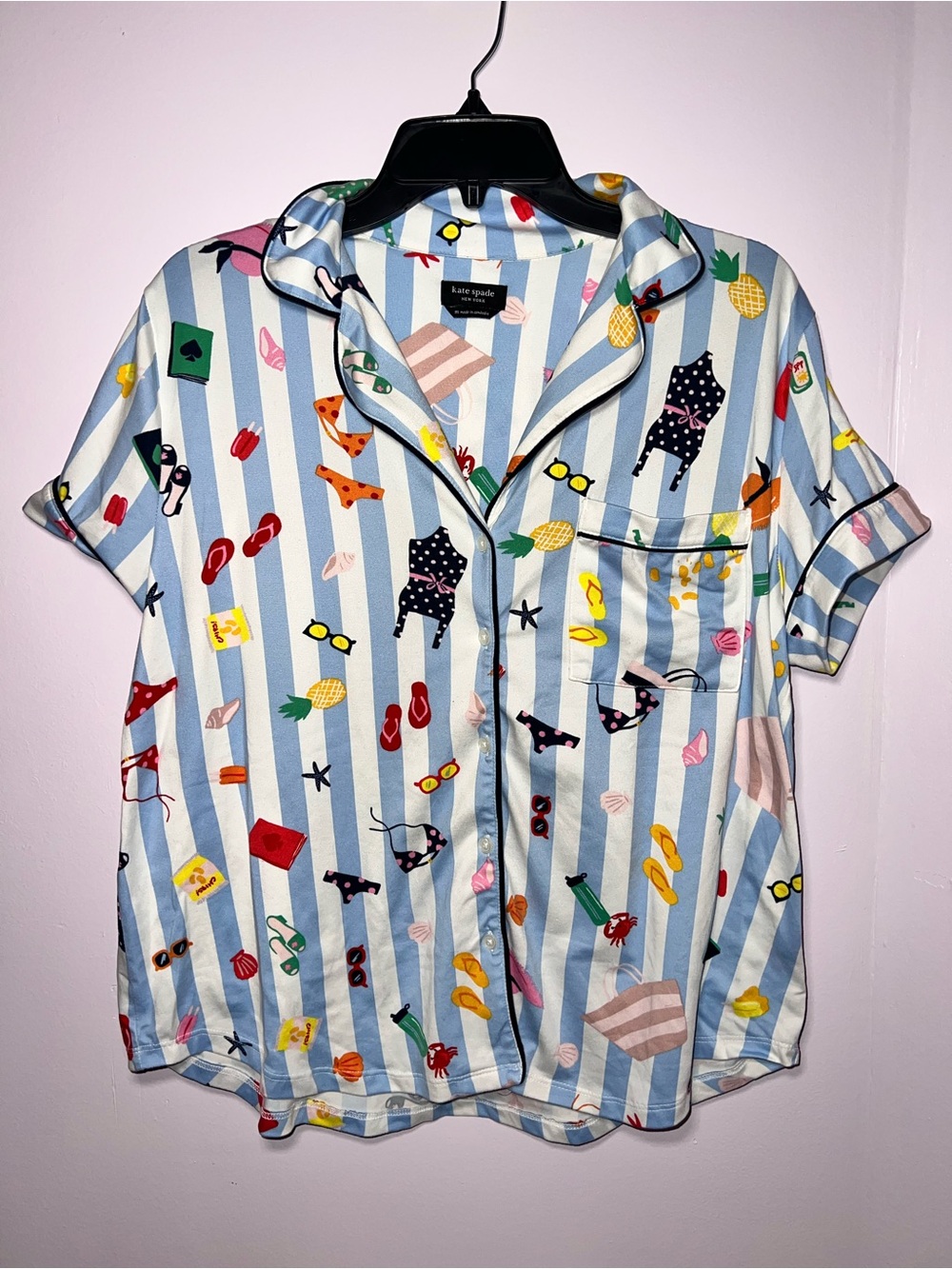 Kate Spade Striped Beach Print Button-Up PJ Top - Light Blue & White